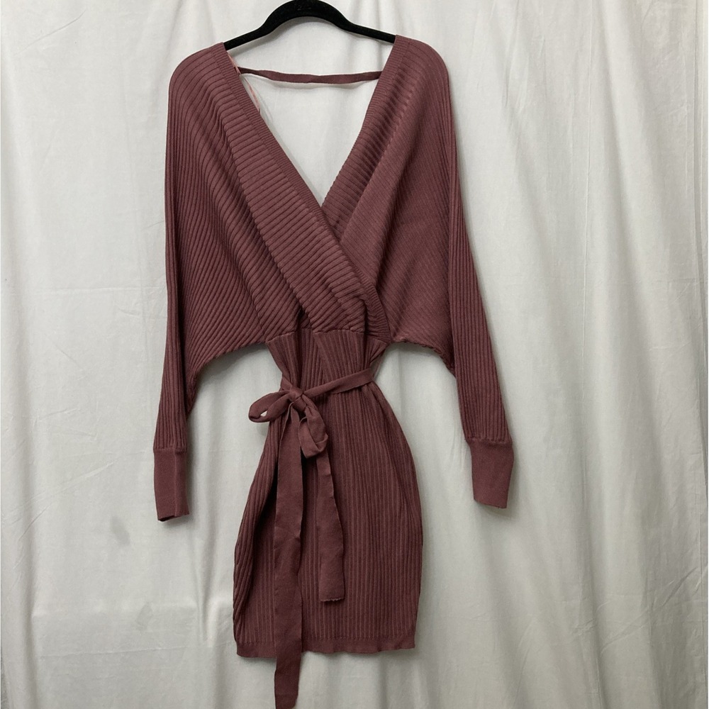 Love Tree Rose Ribbed‎ Knit Wrap Long Sleeve Belted Waist Sweater Dress - SZ L